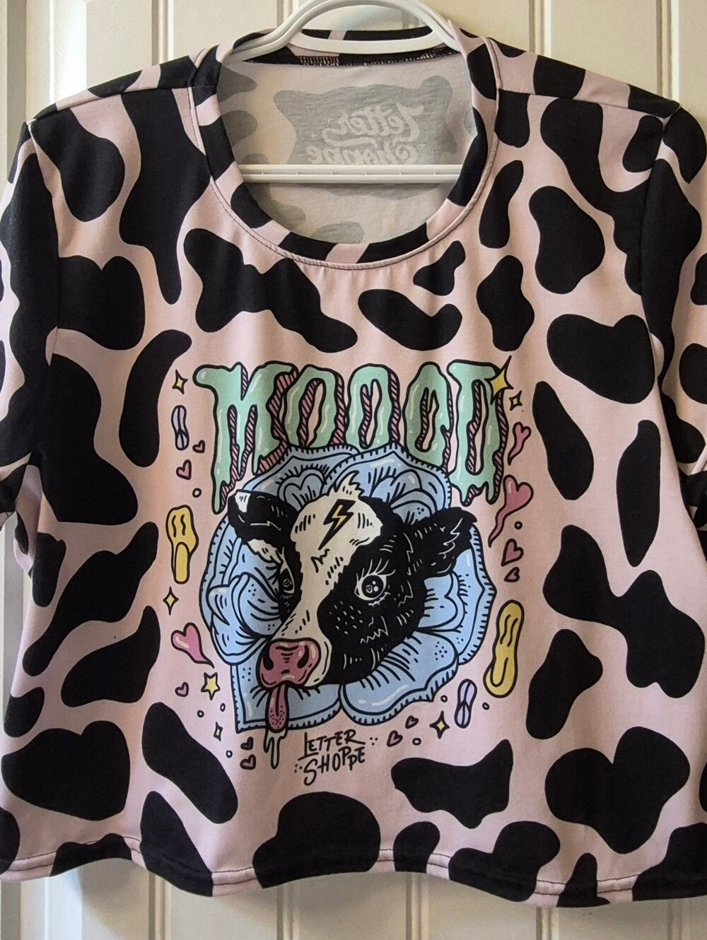 Womens Letter Shoppe Crop Top Cow Print With Mood Graphic Size XL